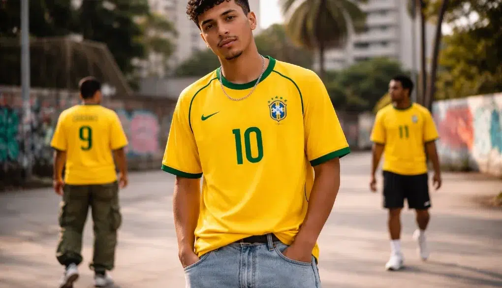 Camisa Do Brasil 2002 styled with baggy jeans and white sneakers for modern streetwear