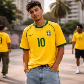 Camisa Do Brasil 2002 styled with baggy jeans and white sneakers for modern streetwear