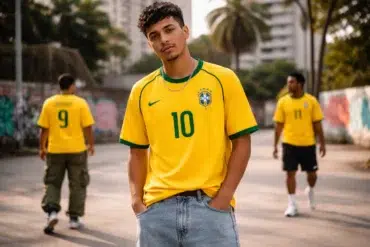 Camisa Do Brasil 2002 styled with baggy jeans and white sneakers for modern streetwear