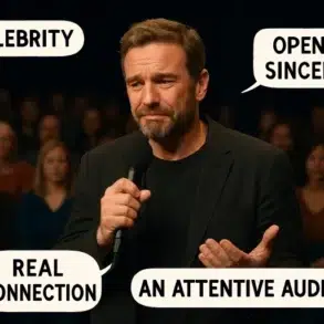 A man in a black shirt holds a microphone, addressing an engaged audience. Speech bubbles read "A Celebrity," "Open & Sincere," "Real Connection," "An Attentive Audience."