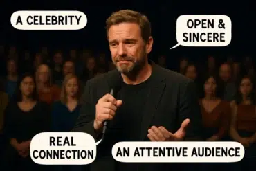 A man in a black shirt holds a microphone, addressing an engaged audience. Speech bubbles read "A Celebrity," "Open & Sincere," "Real Connection," "An Attentive Audience."