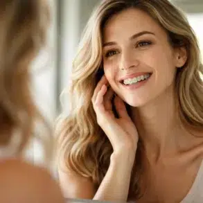 Adult woman smiling after Ceramic Braces treatment with clear tooth colored brackets