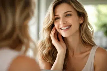 Adult woman smiling after Ceramic Braces treatment with clear tooth colored brackets