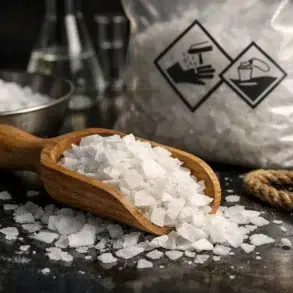 Chemipakhsh Net Caustic Soda Flake packaging, flakes texture, and labeling for safe storage