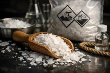 Chemipakhsh Net Caustic Soda Flake packaging, flakes texture, and labeling for safe storage