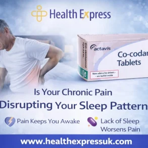Older man clutching his back in pain stands beside a bed, highlighting discomfort. Nearby, Co-codamol tablets and text discuss pain interrupting sleep.