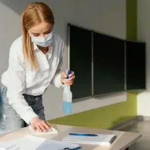 A masked woman cleans a classroom desk with a spray bottle and cloth, conveying hygiene and safety. A globe and chalkboards are visible in the background.