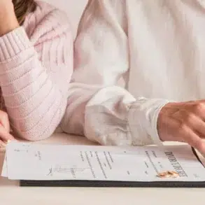 A close-up of two hands resting on a table, one holding a pen over a divorce document, a wedding ring is visible on the other hand.