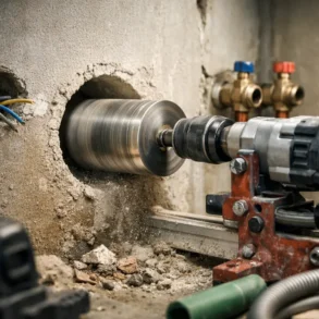 Core Cutter Method drilling a clean hole in a concrete wall for plumbing and electrical conduit without cracking the surface.