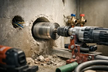 Core Cutter Method drilling a clean hole in a concrete wall for plumbing and electrical conduit without cracking the surface.