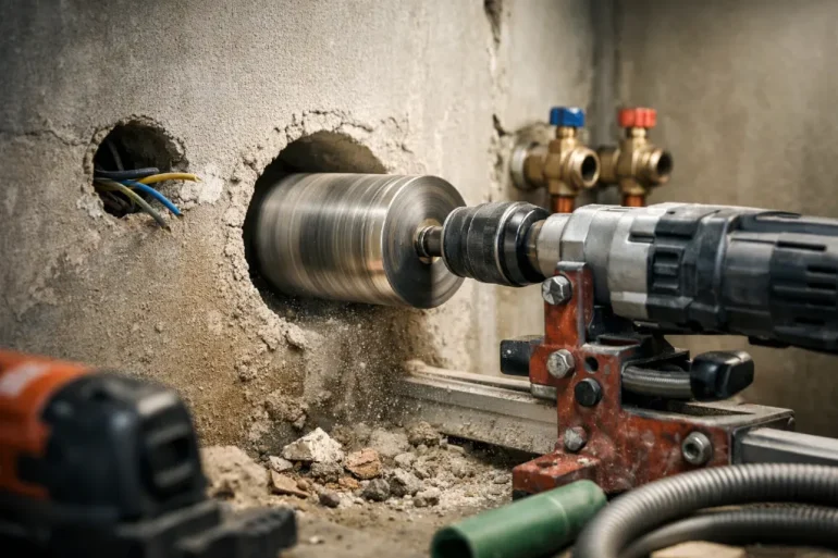 Core Cutter Method drilling a clean hole in a concrete wall for plumbing and electrical conduit without cracking the surface.