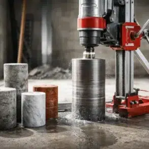 Core Drilling Machine drilling a clean round hole in reinforced concrete with water cooling