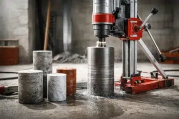Core Drilling Machine drilling a clean round hole in reinforced concrete with water cooling