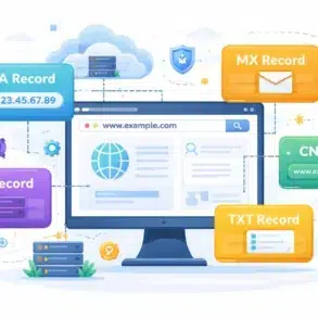 A digital illustration showing a computer screen with various DNS records (A, MX, NS, CNAME, TXT) and network elements, conveying website management concepts.