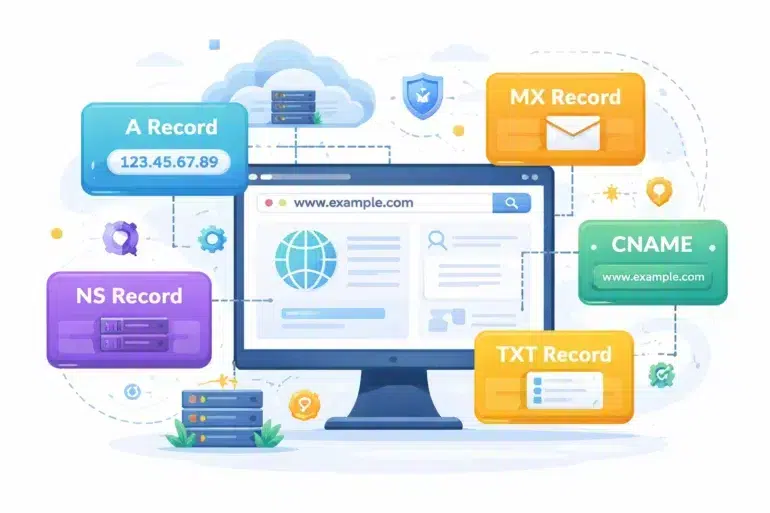 A digital illustration showing a computer screen with various DNS records (A, MX, NS, CNAME, TXT) and network elements, conveying website management concepts.