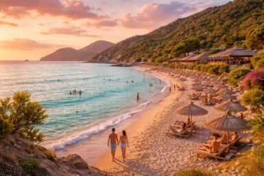 Dafni Beach Zante golden sand and turquoise water in Zakynthos Greece