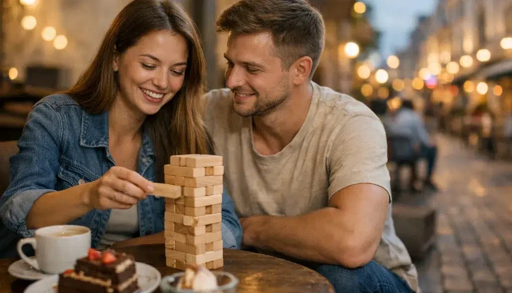 Couple enjoying date night ideas with mini golf, dessert, and a city walk