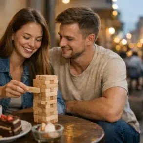 Couple enjoying date night ideas with mini golf, dessert, and a city walk