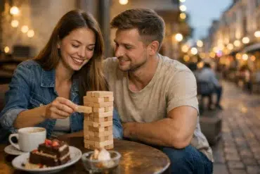 Couple enjoying date night ideas with mini golf, dessert, and a city walk