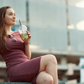 A woman in a mauve dress sits on a ledge, sipping a drink with a straw. She appears relaxed and content, with a cityscape blurred in the background.