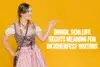 Woman in traditional Bavarian Schleife Dirndl dress points to text about dirndl bow meanings for Oktoberfest. Bright yellow background adds festive tone.
