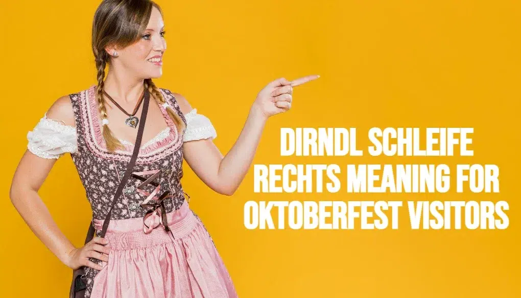 Woman in traditional Bavarian Schleife Dirndl dress points to text about dirndl bow meanings for Oktoberfest. Bright yellow background adds festive tone.