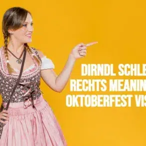 Woman in traditional Bavarian Schleife Dirndl dress points to text about dirndl bow meanings for Oktoberfest. Bright yellow background adds festive tone.