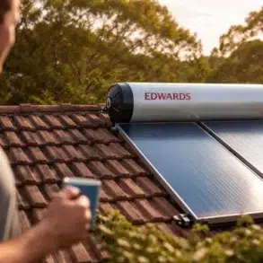 Edwards Solar Hot Water Systems installed on a residential roof with solar collectors and insulated hot water tank