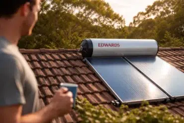 Edwards Solar Hot Water Systems installed on a residential roof with solar collectors and insulated hot water tank