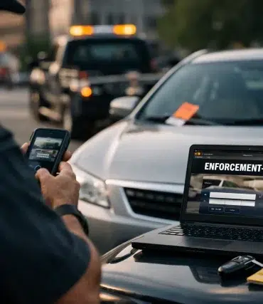 Enforcement-Web.Premium Parking.com portal shown on a phone for parking invoice lookup and payment verification