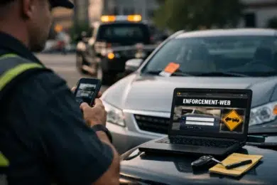 Enforcement-Web.Premium Parking.com portal shown on a phone for parking invoice lookup and payment verification