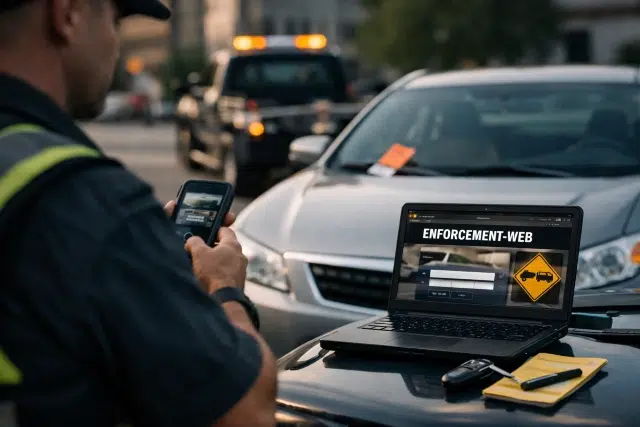 Enforcement-Web.Premium Parking.com portal shown on a phone for parking invoice lookup and payment verification