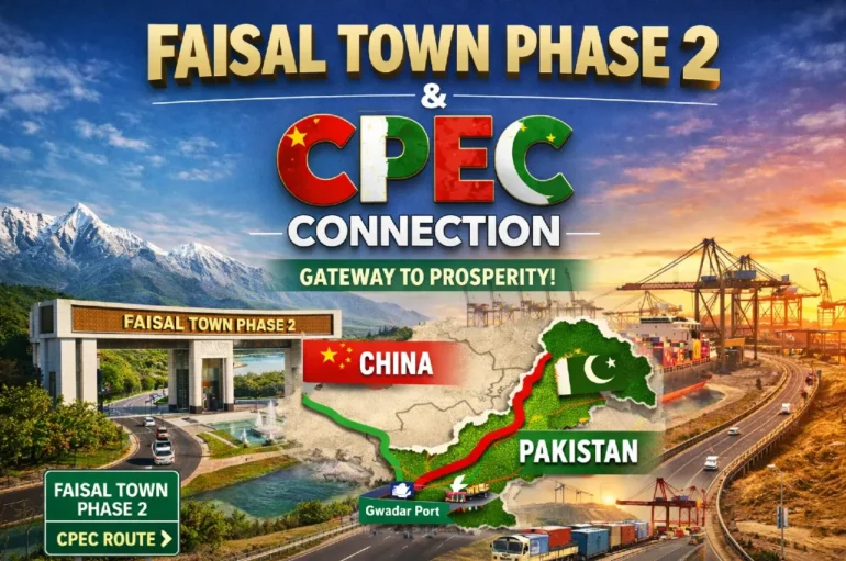 Graphic promoting Faisal Town Phase 2 and CPEC, featuring a map of China and Pakistan, with images of highways and Gwadar Port.