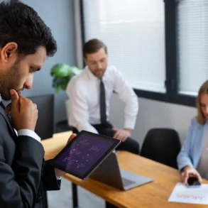 Three business professionals in a modern office reviewing charts and data on a tablet, laptop, and printed papers during a meeting.