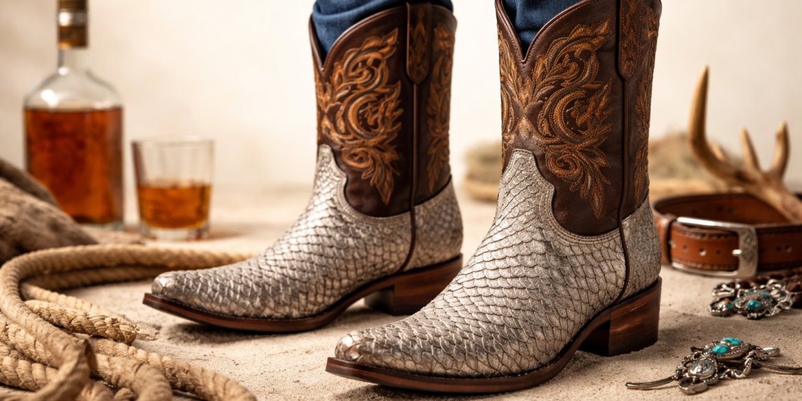 Fish Skin Boots styled with Western-inspired luxury fashion outfit