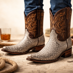 Fish Skin Boots styled with Western-inspired luxury fashion outfit