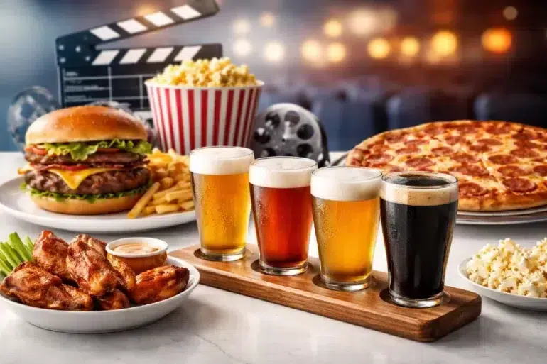 Flix Brewhouse Round Rock menu highlights with burgers, pizza, and craft brews
