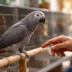 For Sale African Grey parrot on perch with buyer checking health records and breeder paperwork