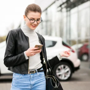 A person in a black leather jacket and gray sweater stands outside, looking at their phone near parked cars.