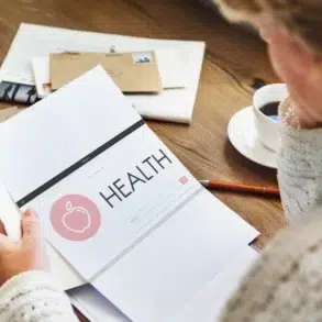 A person reviews a document labeled "HEALTH" amidst a workspace featuring papers, a pen, a coffee cup, and a banana.