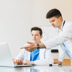 Two healthcare professionals in white lab coats discuss information while observing a laptop in a bright, modern office setting.