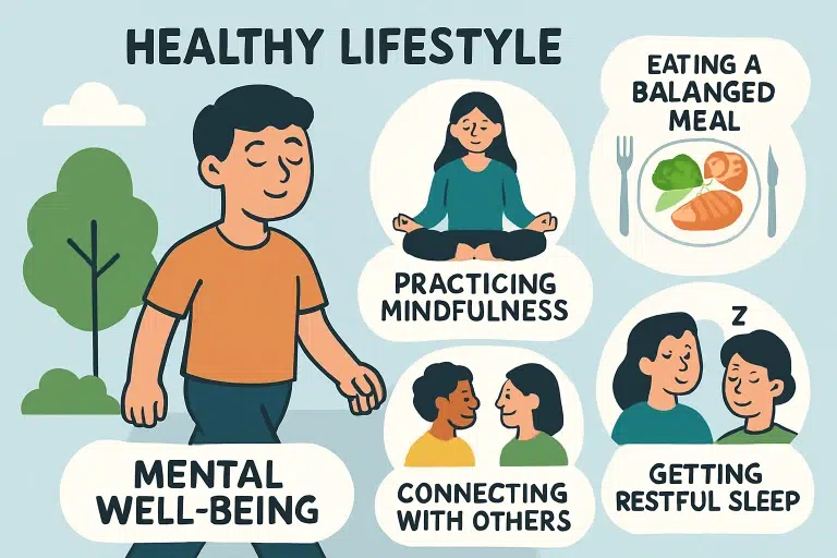 Infographic highlighting aspects of a healthy lifestyle: balanced meals, mindfulness, mental well-being, social connections, and restful sleep.