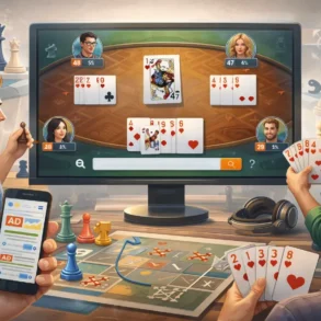 A group of players engaged in an online card game, with a large screen displaying their hands and scores, surrounded by game pieces.