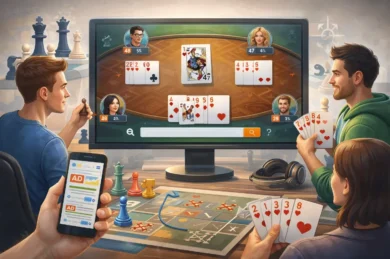 A group of players engaged in an online card game, with a large screen displaying their hands and scores, surrounded by game pieces.