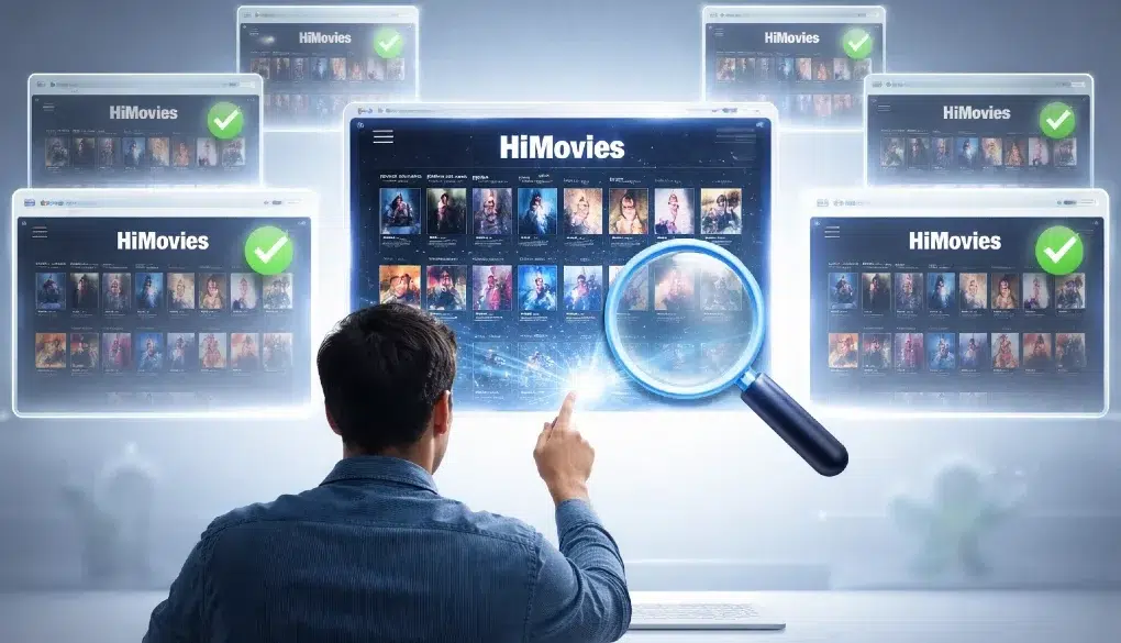 Himovies mirror sites search results on a laptop screen with warning icons about scams and malware