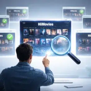 Himovies mirror sites search results on a laptop screen with warning icons about scams and malware