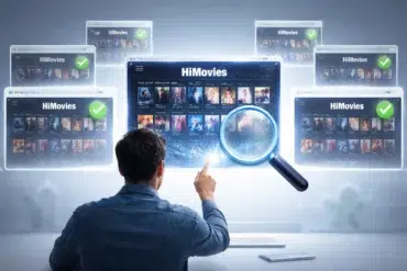 Himovies mirror sites search results on a laptop screen with warning icons about scams and malware