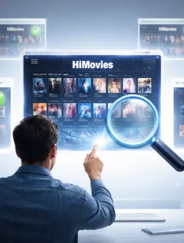 Himovies mirror sites search results on a laptop screen with warning icons about scams and malware