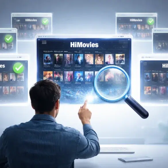 Himovies mirror sites search results on a laptop screen with warning icons about scams and malware