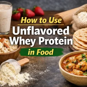 Bowls of oatmeal with bananas and almonds, curry, tortillas, and a scoop of whey protein on a dark surface. Text overlay reads "How to Use Unflavored Whey Protein in Food."